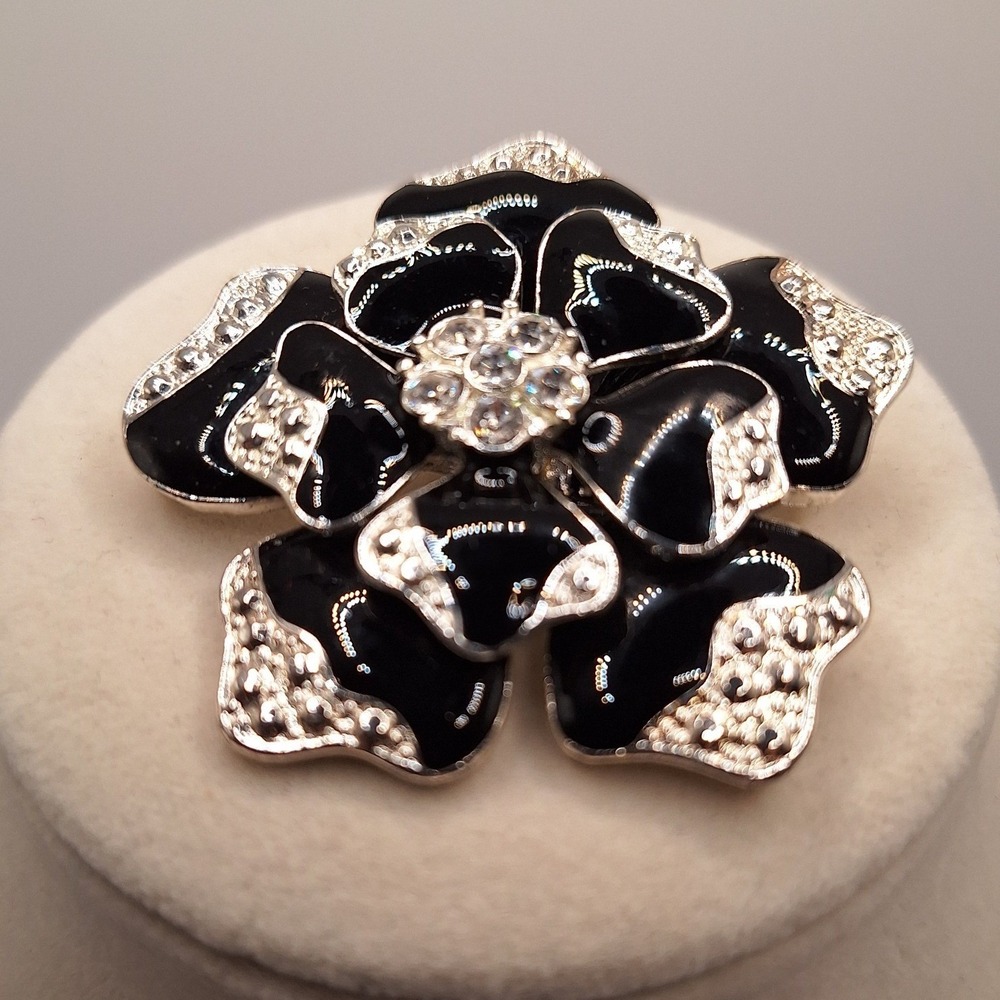 Vintage flower brooch black enamel clear rhinestones Minimalist chunky